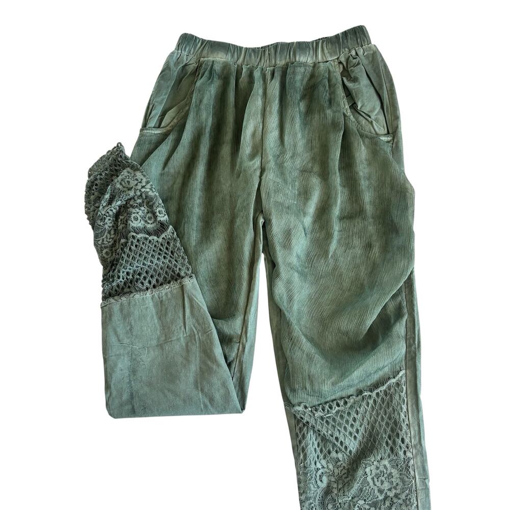 Pretty Angel Moss Green Linen Blend Pull On Tapered Pants Artsy Eclectic Medium